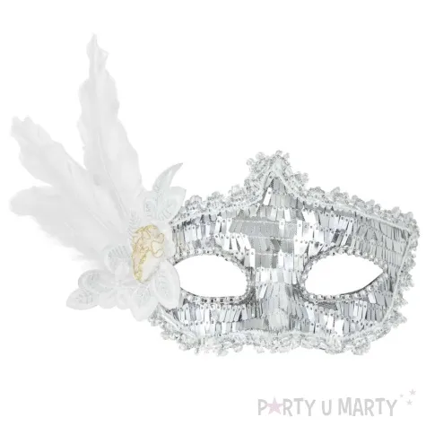 maska karnawalowa wenecka z piorami srebrny partypal