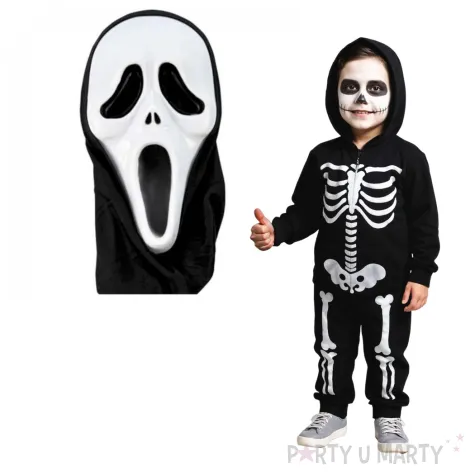 maska krzyk z kapturem bialo czarna czakos