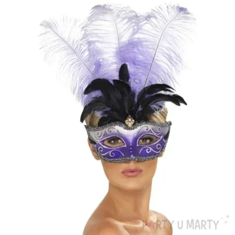 maska wenecka z pioropuszem fioletowo biala smiffys