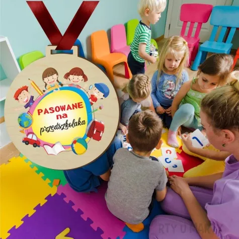 medal drukowany pasowania na przedszkolaka dzieci drewniany 72 mm