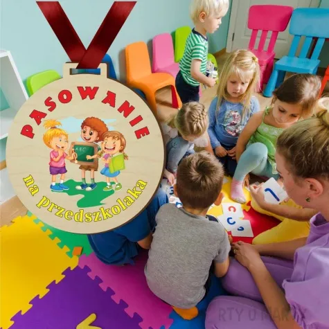 medal drukowany pasowania na przedszkolaka tablica drewniany 72 mm