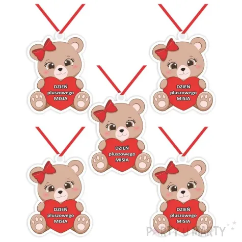 medal papierowy dzien pluszowego misia czerwony 6x5 cm 5 szt