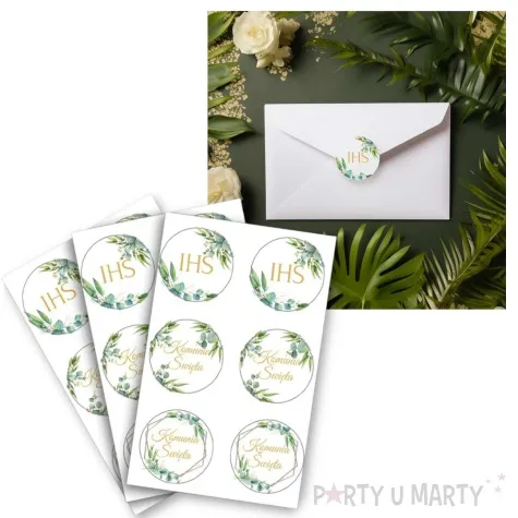 naklejki komunia swieta eukaliptus zloto bialy czakos 18 szt