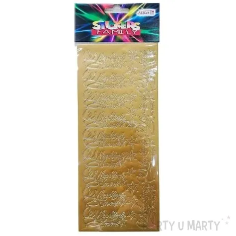 naklejki wesolych swiat zyczenia i gwiazdki zlote aliga 10x23 cm