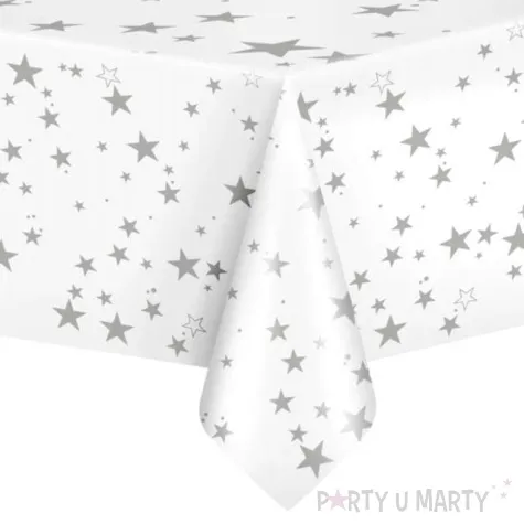 obrus foliowy gwiazdki bialo srebrny partypal 137 x 274 cm