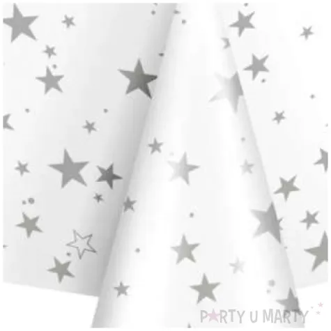 obrus foliowy gwiazdki bialo srebrny partypal 137 x 274 cm
