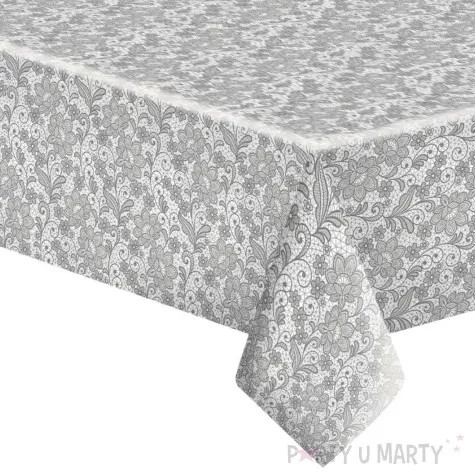 obrus papierowy roslinny ornament srebrny maki 180 x 120 cm