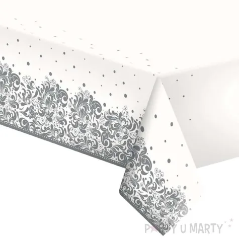 obrus papierowy silver ornament bialy srebrny maki 180 x 120 cm