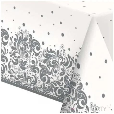 obrus papierowy silver ornament bialy srebrny maki 180 x 120 cm