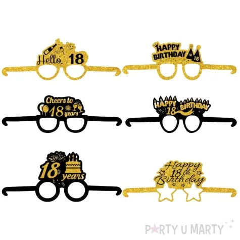 okulary party 18 urodziny cheers to 18 years czarno zloty papierowe 6 szt