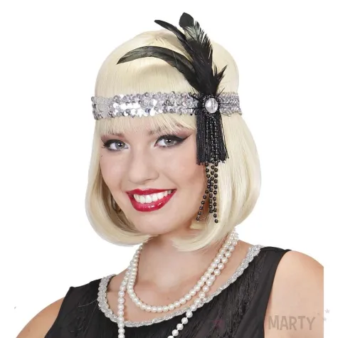 opaska elastyczna retro lata 20 z piorem i perlami srebrno czarny widmann