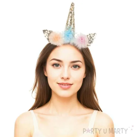 opaska na glowe dodatek do stroju na karnawal jednorozec rog i uszy z cekinami