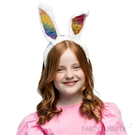 opaska party uszy krolika teczowe cekiny bialy boland