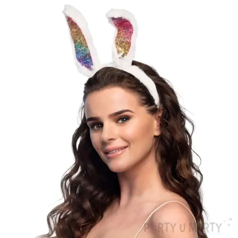 opaska party uszy krolika teczowe cekiny bialy boland