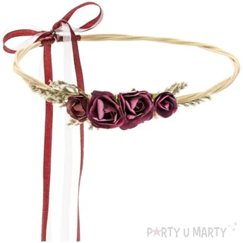 opaska party wianek z kwiatami bordowy partydeco 18 cm
