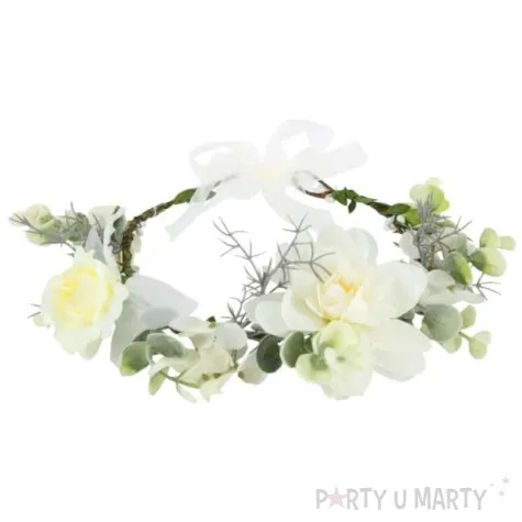 opaska party wianek z kwiatami i listkami bialy partypal 45 cm
