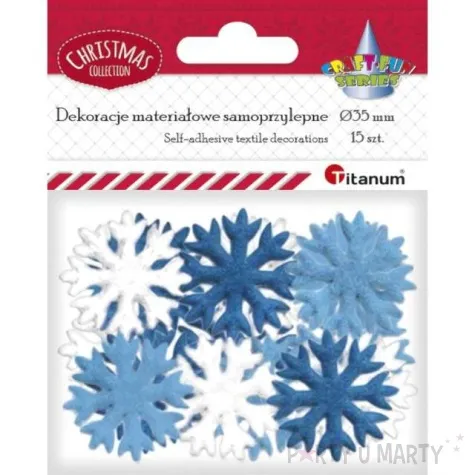ozdoba materialowa platki sniegu mix niebieski titanum 35 mm 15 szt