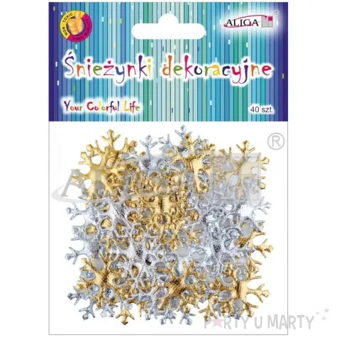 ozdoba materialowa platki sniegu sniezynki zloty srebrny aliga 35 mm 40 szt