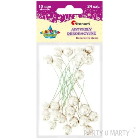 ozdoba na piku kuleczki brokatowe bialy titanum 24 szt