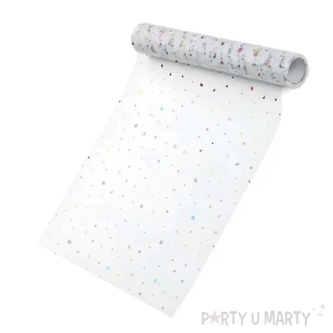 ozdobny bieznik tiulowy gwiazdy i ksiezyce dekoracja stolu na urodziny bialy 0 35 x 9 m