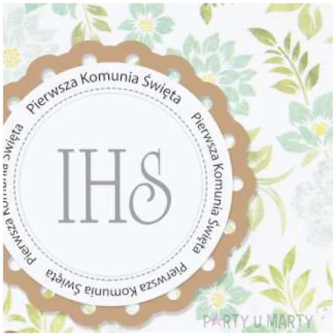 pamiatka ihs pierwsza komunia swieta kwiaty i liscie biala paw 15 4 x 15 4 cm