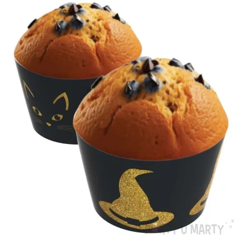 papilotki na muffinki czarownica i kot halloween czarno zloty congee 6 szt