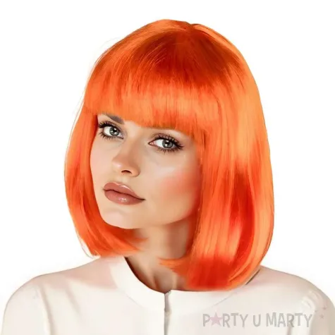 peruka damska na karnawal bob rude pomaranczowe neonowe proste wlosy z grzywka retro cyberpunk