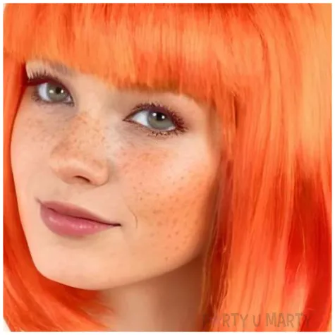 peruka damska na karnawal bob rude pomaranczowe neonowe proste wlosy z grzywka retro cyberpunk