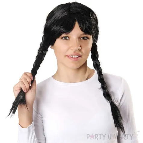 peruka party wednesday warkocze z grzywka czarny kraszek