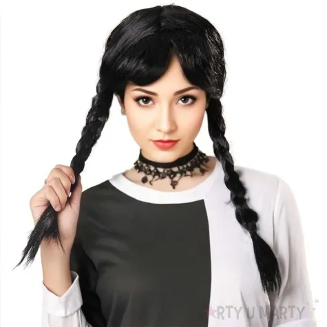 peruka party wednesday warkocze z grzywka czarny kraszek