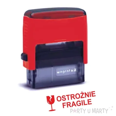 pieczatka z napisem ostroznie fragile z kieliszkiem czerwona 38 x 14 mm
