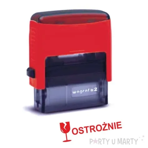 pieczatka z napisem ostroznie z kieliszkiem czerwona 38 x 14 mm