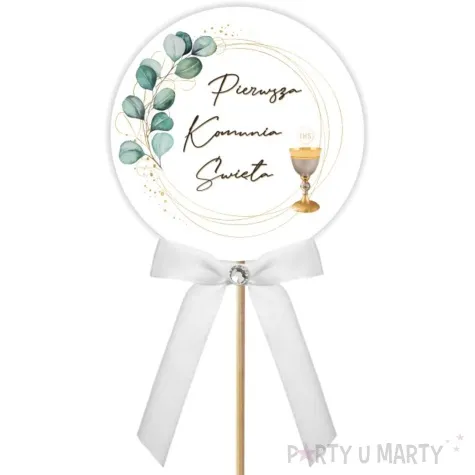 pik ozdobny lux komunia eukaliptus z hostia kokardka z cyrkonia 28cm