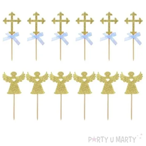 piker aniolki i krzyze zloty brokat niebieskie jix 13 5 cm 12 szt