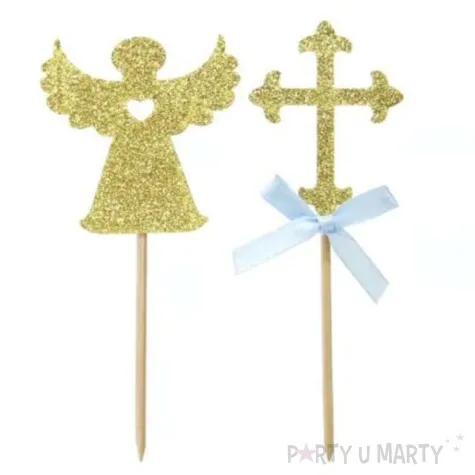 piker aniolki i krzyze zloty brokat niebieskie jix 13 5 cm 12 szt