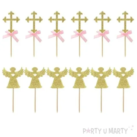 piker aniolki i krzyze zloty brokat rozowe jix 13 5 cm 12 szt