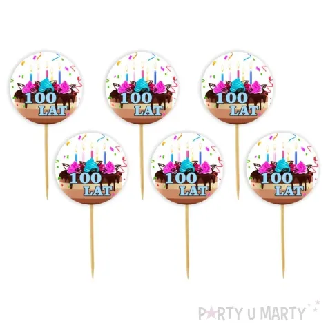 pikery 100 lat tort niebieski napis 6 szt
