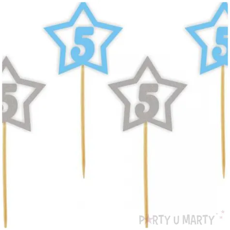 pikery 5 urodziny blekitno srebrne 6 szt