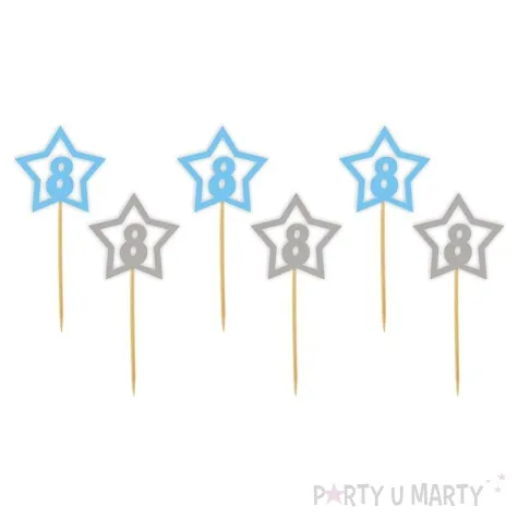 pikery 8 urodziny blekitno srebrne 6 szt