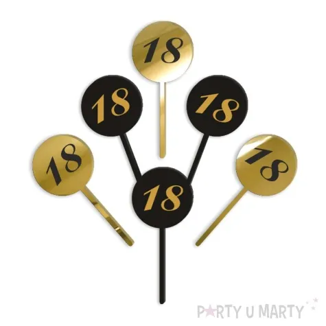 pikery akrylowe cyfra 18 urodziny zloto czarne 6 szt