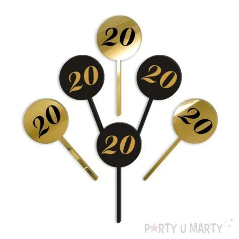 pikery akrylowe cyfra 20 urodziny zloto czarne 6 szt