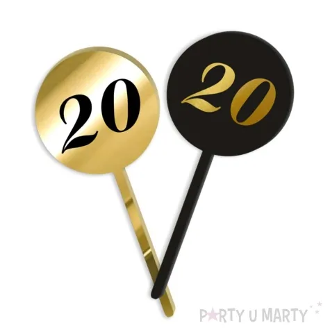 pikery akrylowe cyfra 20 urodziny zloto czarne 6 szt