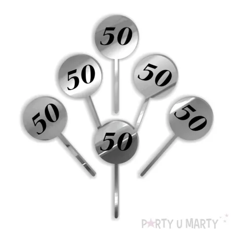 pikery akrylowe cyfra 50 urodziny srebrne lustro 6 szt