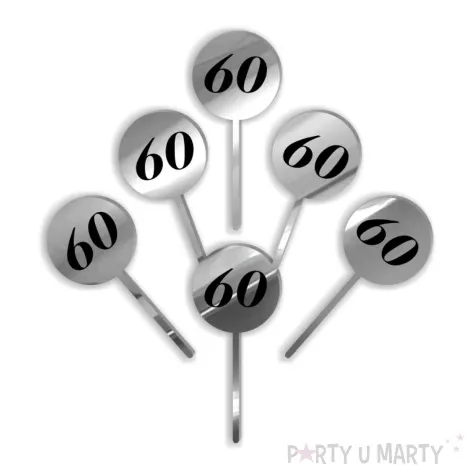 pikery akrylowe cyfra 60 urodziny srebrne lustro 6 szt