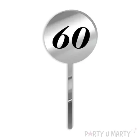 pikery akrylowe cyfra 60 urodziny srebrne lustro 6 szt