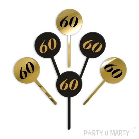 pikery akrylowe cyfra 60 urodziny zloto czarne 6 szt