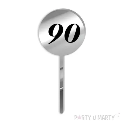 pikery akrylowe cyfra 90 urodziny srebrne lustro 6 szt
