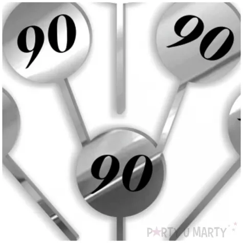 pikery akrylowe cyfra 90 urodziny srebrne lustro 6 szt