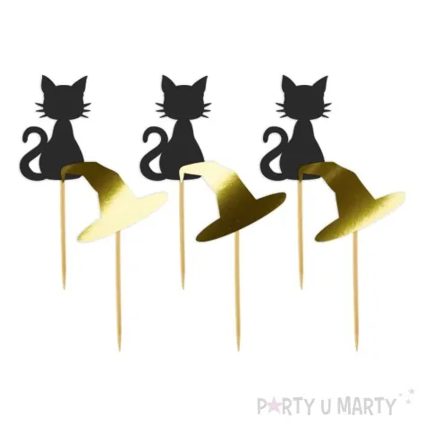 pikery blyszczace andrzejki kot i kapelusz zloto czarne 6 szt