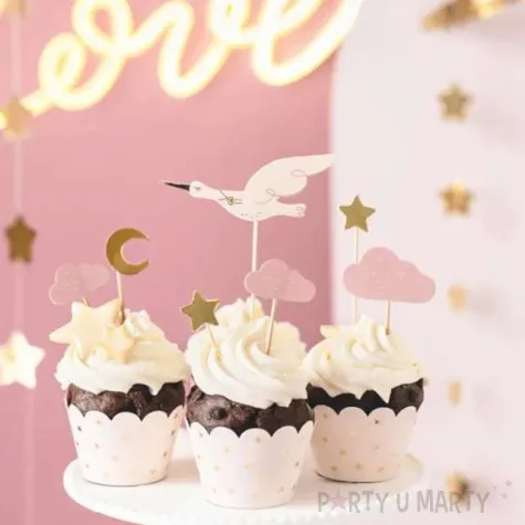 pikery bocian i chmurki rozowo zloty partydeco 7 szt